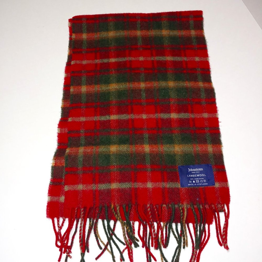 Johnstons 100% Lambswool Plaid Scarf One Size Red Green